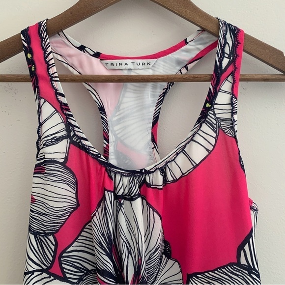 Trina Turk Floral Silk Racerback Tank Top Small Fuchsia - Picture 2 of 8
